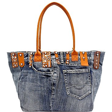 CJF028-LP Jean Inspired Stud Accent Shopper Tote