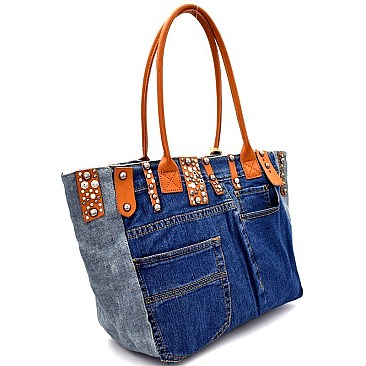 CJF028-LP Jean Inspired Stud Accent Shopper Tote