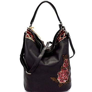 CJF031-LP Sequin Embellished Flower Patch Bohemian Hobo