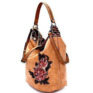 CJF031-LP Sequin Embellished Flower Patch Bohemian Hobo