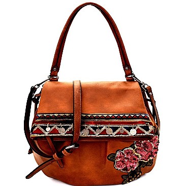 CJF032-LP Sequin Embellished Flower Patch Bohemian Flap Shoulder Bag