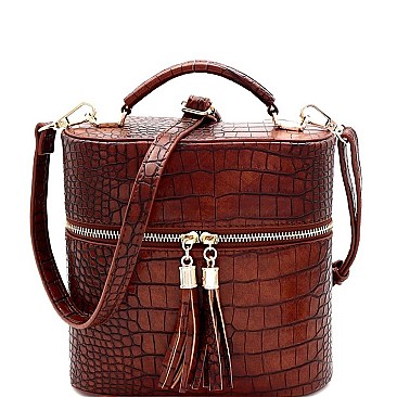 TASSEL ACCENT CROCODILE PRINT SATCHEL