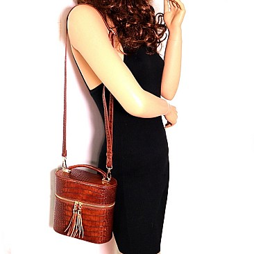 TASSEL ACCENT CROCODILE PRINT SATCHEL