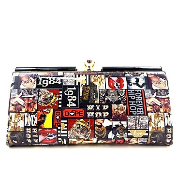 Magazine Model Print Jewel-top Metal Frame Clutch