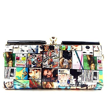 Magazine Model Print Jewel-top Metal Frame Clutch