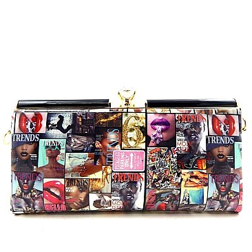 Magazine Model Print Jewel-top Metal Frame Clutch