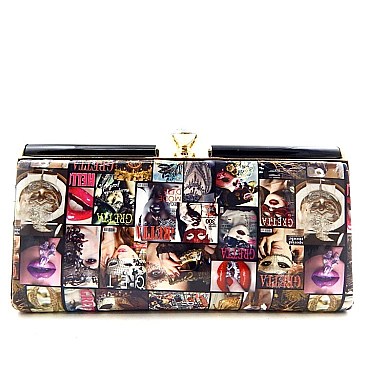 Magazine Model Print Jewel-top Metal Frame Clutch