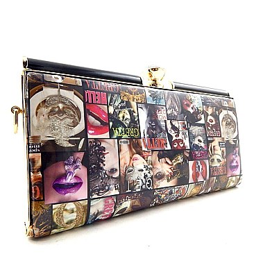 Magazine Model Print Jewel-top Metal Frame Clutch