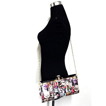 Magazine Model Print Jewel-top Metal Frame Clutch