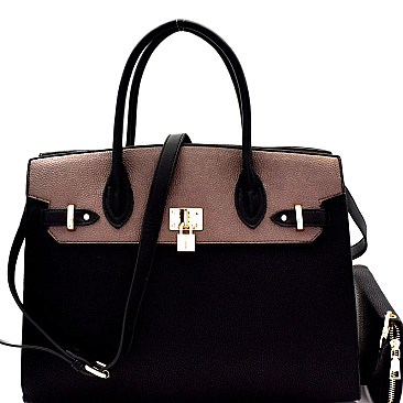 Padlock Accent Two-Tone Oversized Satchel SET  MH-CL7070W