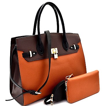 Padlock Accent Two-Tone Oversized Satchel SET  MH-CL7070W