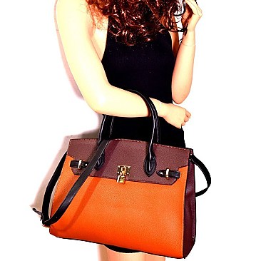 Padlock Accent Two-Tone Oversized Satchel SET  MH-CL7070W