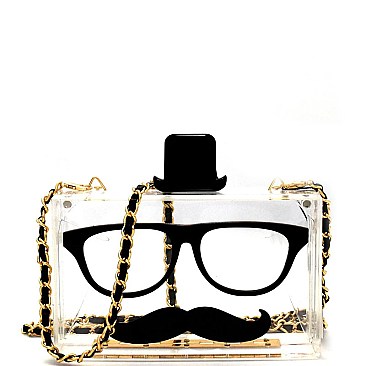 CLS0857-LP MMS Mustache and Glasses Print Top Hat Clear Frame Novelty Clutch