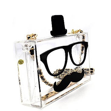 CLS0857-LP MMS Mustache and Glasses Print Top Hat Clear Frame Novelty Clutch