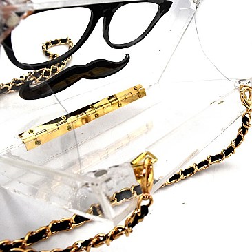 CLS0857-LP MMS Mustache and Glasses Print Top Hat Clear Frame Novelty Clutch