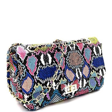 Snake Print Turn-Lock Flap Shoulder Bag