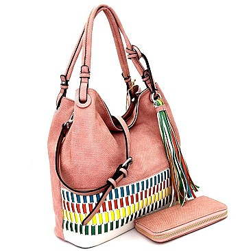 CMS0091W-LP  Multi-Color Tassel Woven Detail Hobo Wallet SET