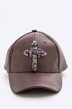 Crystal Cross Embellished Patch Faux Leather Cap LA-EMH0928C