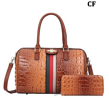 Queen Bee Stripe Croc Alligator 2-in-1 Boston Satchel with Wallet