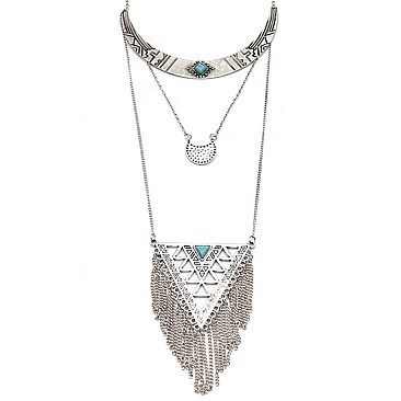 CON7049-LP Tribal Etched Fringed Statement Necklace