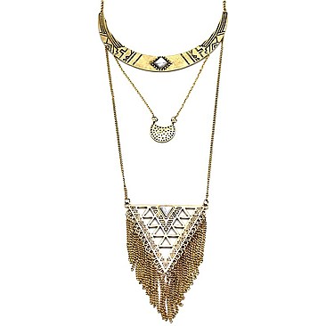 CON7049-LP Tribal Etched Fringed Statement Necklace