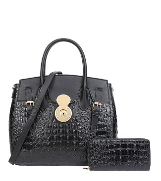 2 IN 1Crocodile Accented Satchel Handbag With Wallet