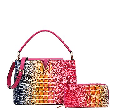 2 In1 Croc -V- Emblem Bucket Handbag with Wallet