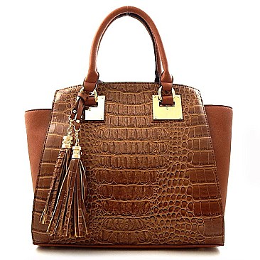 Crocodile Print Wing Design Tasseled Satchel