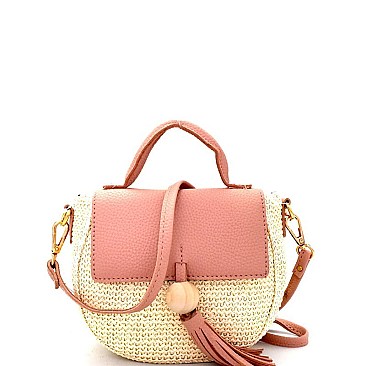 CS2219-LP Tassel Accent Knitted Straw Round Shoulder Bag