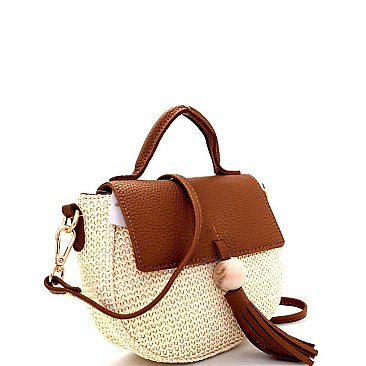 CS2219-LP Tassel Accent Knitted Straw Round Shoulder Bag