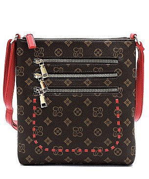 Multi Zip Pocket Monogrammed Whipstitch Cross Body Bag