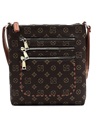 Multi Zip Pocket Monogrammed Whipstitch Cross Body Bag