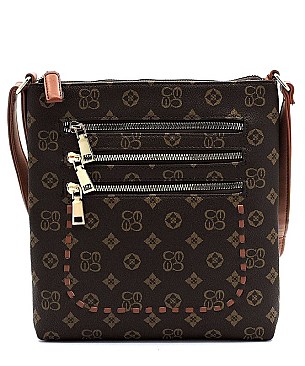 Multi Zip Pocket Monogrammed Whipstitch Cross Body Bag