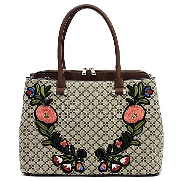 Diamond Check Embroidered Flower Satchel