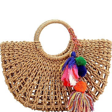 Thread Tassel Accent Knitted Straw Carry Satchel Basket Bag