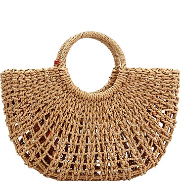 Thread Tassel Accent Knitted Straw Carry Satchel Basket Bag