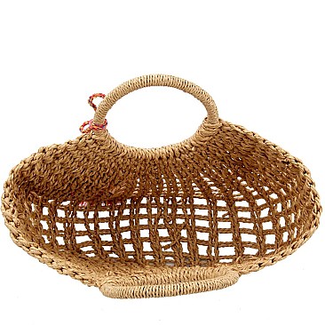 Thread Tassel Accent Knitted Straw Carry Satchel Basket Bag