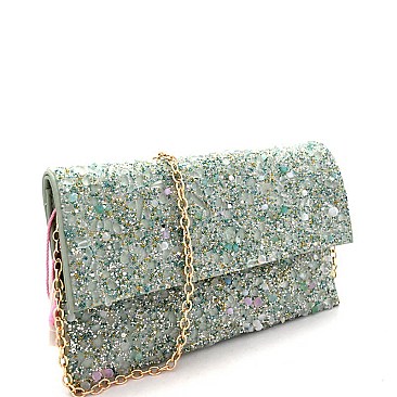 CTHU0007-LP Quality Multi Color Stone Glittery Fold-Over Clutch