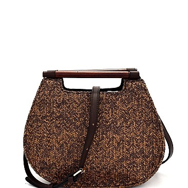 Wooden Handle Woven Straw 2-Way Satchel