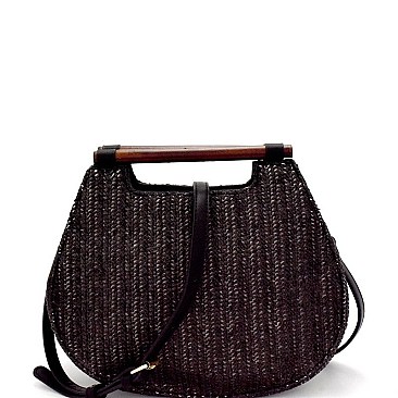 Wooden Handle Woven Straw 2-Way Satchel