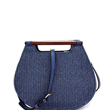 Wooden Handle Woven Straw 2-Way Satchel