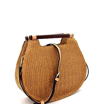 Wooden Handle Woven Straw 2-Way Satchel