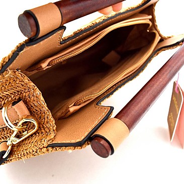 Wooden Handle Woven Straw 2-Way Satchel