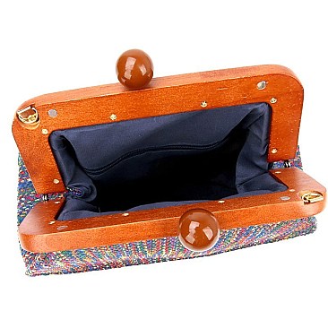 Wooden Knob Frame Woven Fabric Shoulder Bag MH-CTL0023