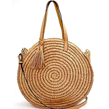 CTYW0003-LP Circled Patter Straw Tassel Round Tote