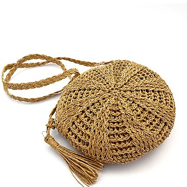 Tassel Accent Knitted Straw Bohemian Round Cross Body MH-CTYW0007