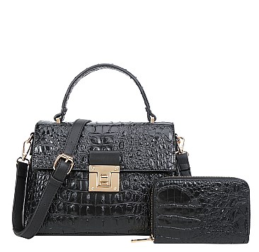 2 in 1 Crocodile Medium Flap Shoulder Bag Wallet Set