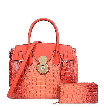 2 IN 1Crocodile Accented Satchel Handbag With Wallet