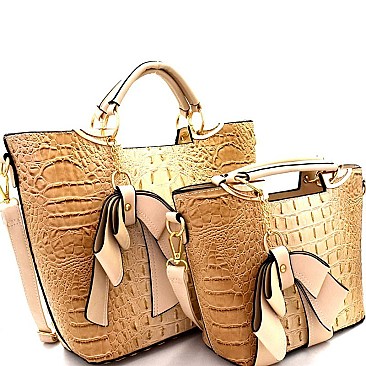 Crocodile Embossed Bow Charm Accent 2 in 1 Twin Satchel SET MZ-CY6986