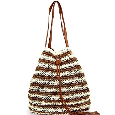 CZR002-LP Stripe Patterned Straw Drawstring Tote